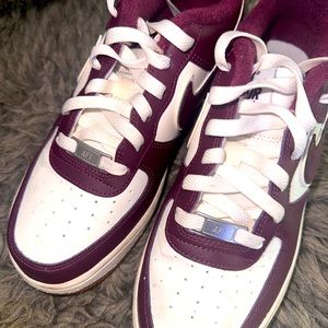 White and burgundy low dunks